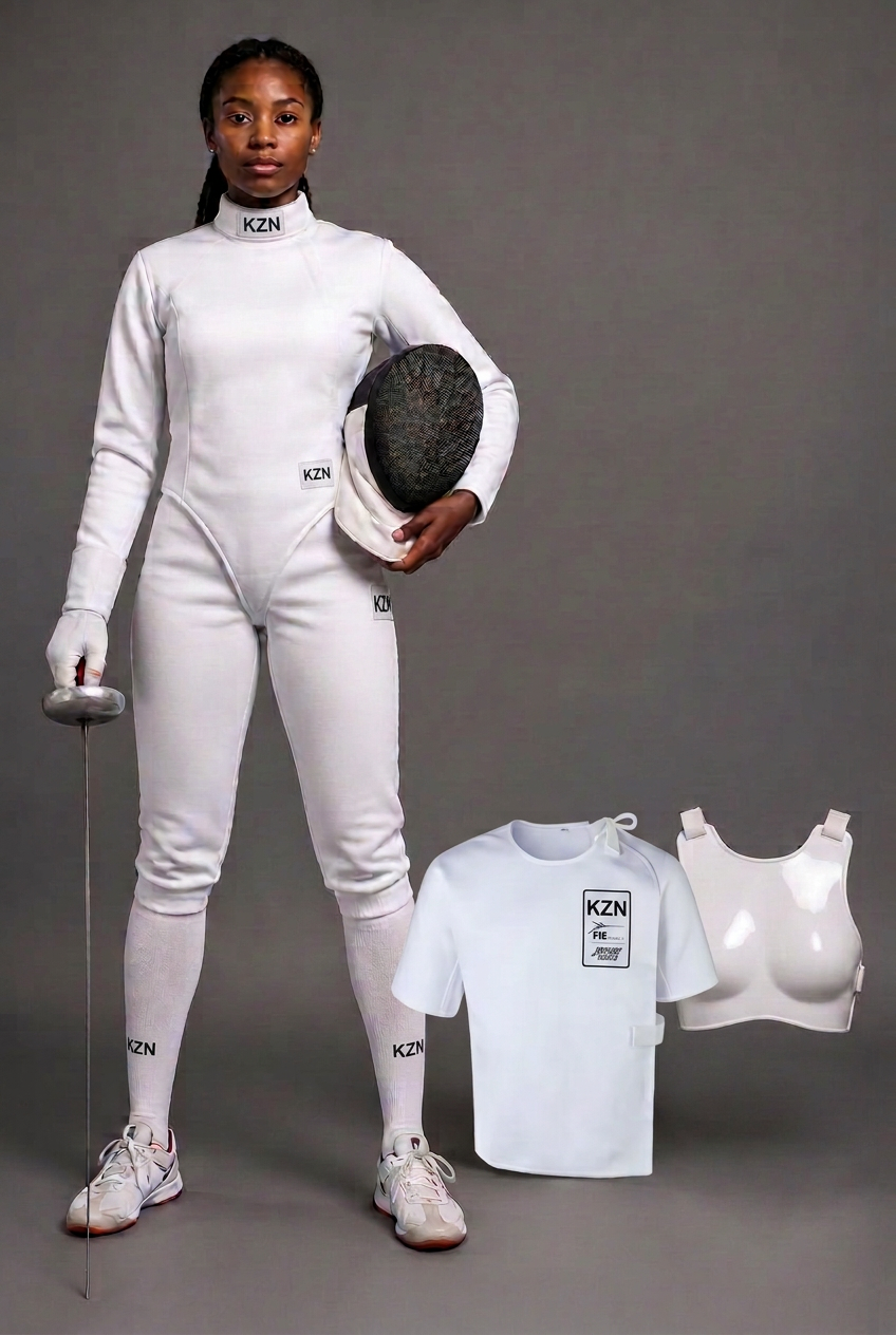 Black female fencer in full protective kit with mask under arm and épée, showing inner protective garments
