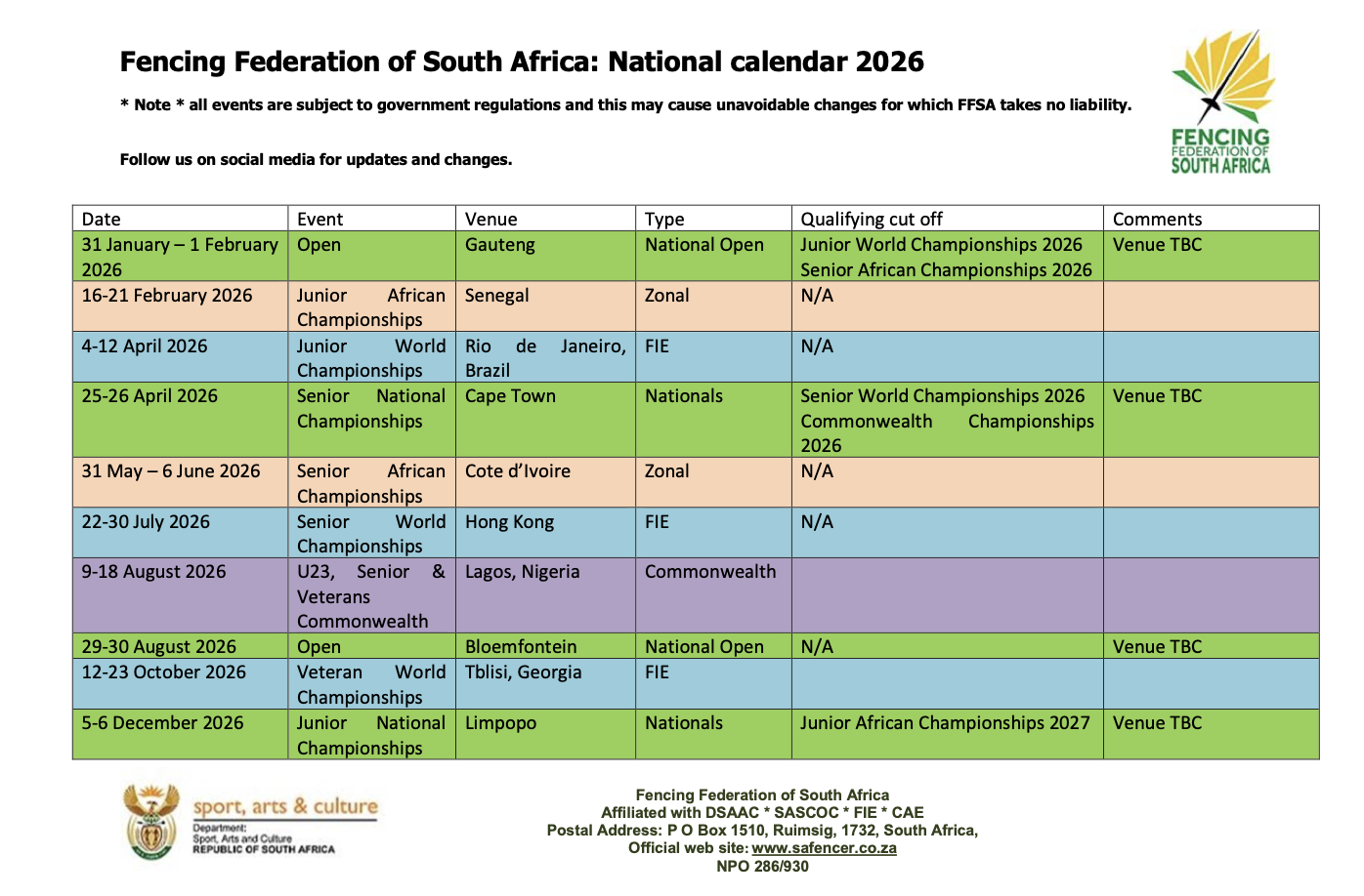 Fencing Federation of South Africa National Calendar 2026