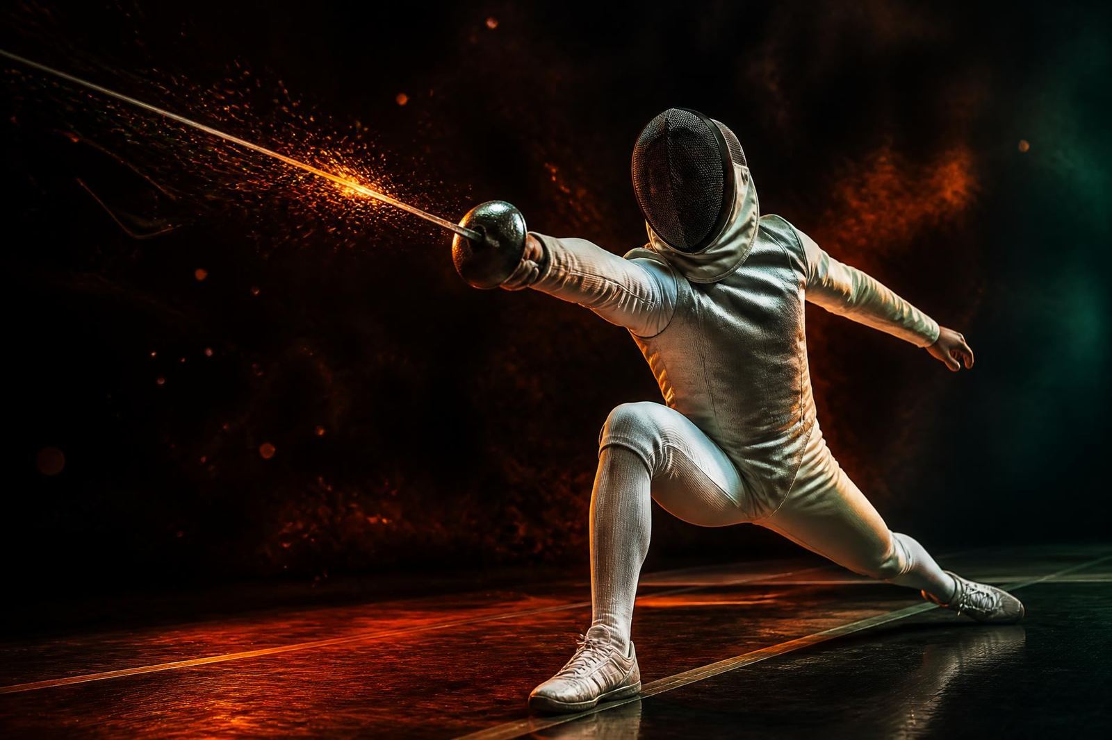 Fencer executing a lunge with épée extended